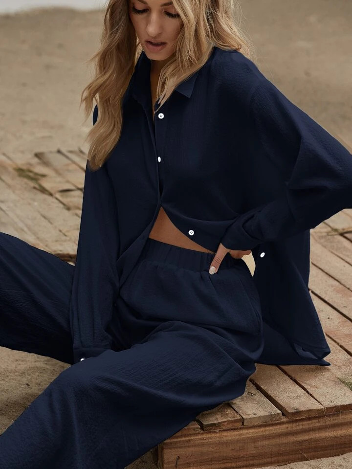 SHEIN Essnce Slit Hem Longline Blouse & Wide Leg Pants Set | SHEIN