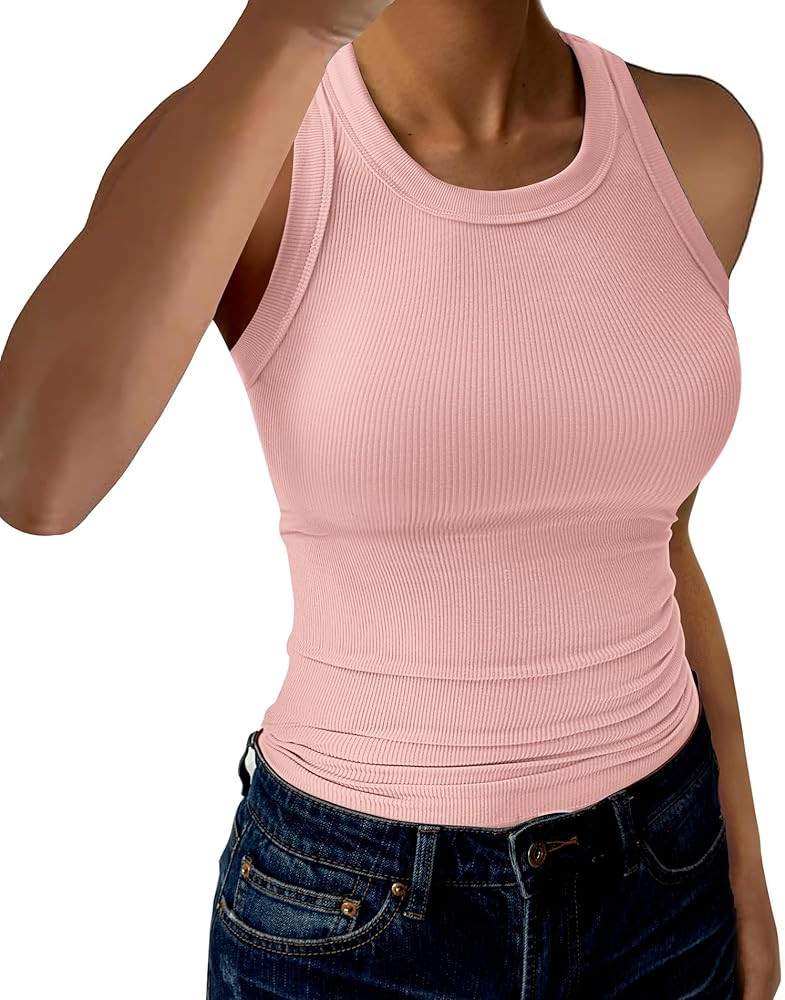 Womens Tank Tops High Neck Sleeveless Ribbed Tank Casual Basic Thick Strap Slim Fitted Racerback ... | Amazon (US)