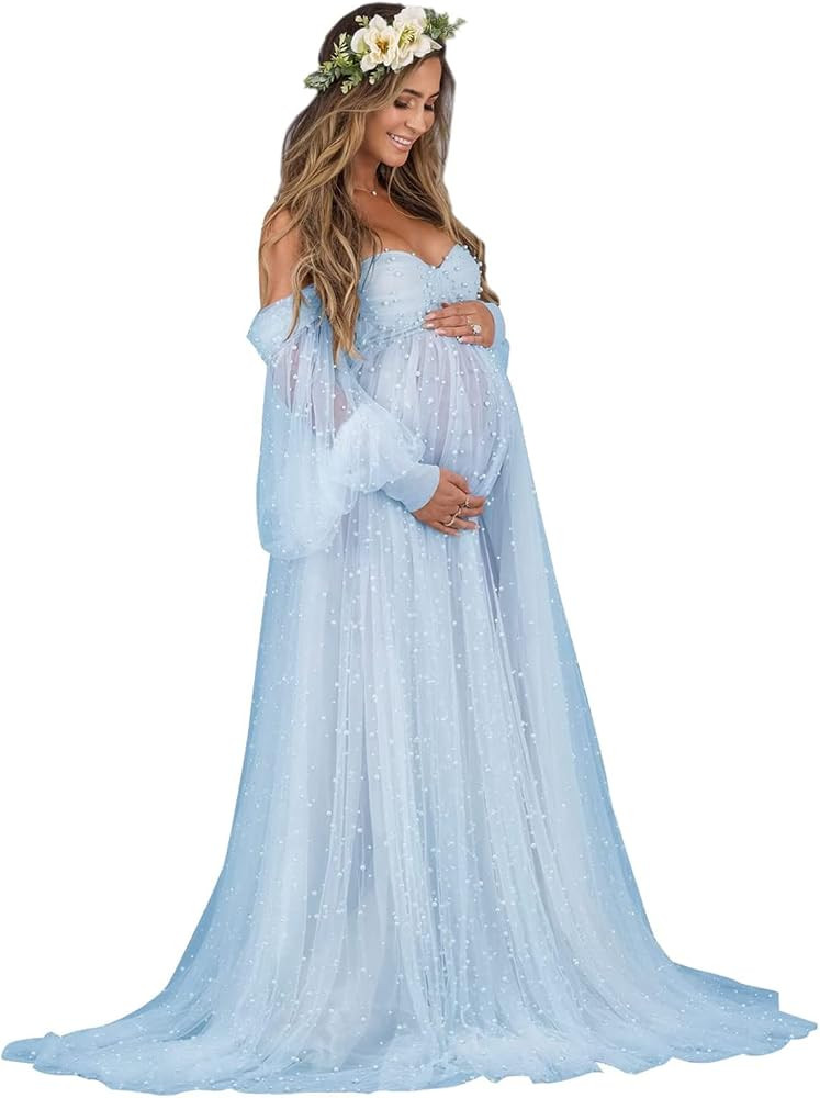 Molisa Women's Pearl Tulle Maternity Dress for Photoshoot Long Puffy Sleeve Off Shoulder Babyshow... | Amazon (US)