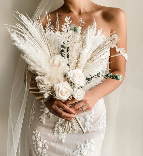 Pampas Wedding Bouquet, White Wedding Bouquet, Bridal Boho Bouquet, Dried Flowers, Rustic Bridesm... | Etsy (US)