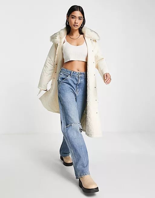 Fashion Union puffer coat with faux-fur trim and belt | ASOS (Global)