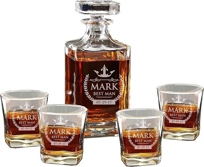 Custom Engraved Groomsmen - Whiskey Decanter Set and 4 Glasses Set - Personalized and Monogrammed... | Amazon (US)