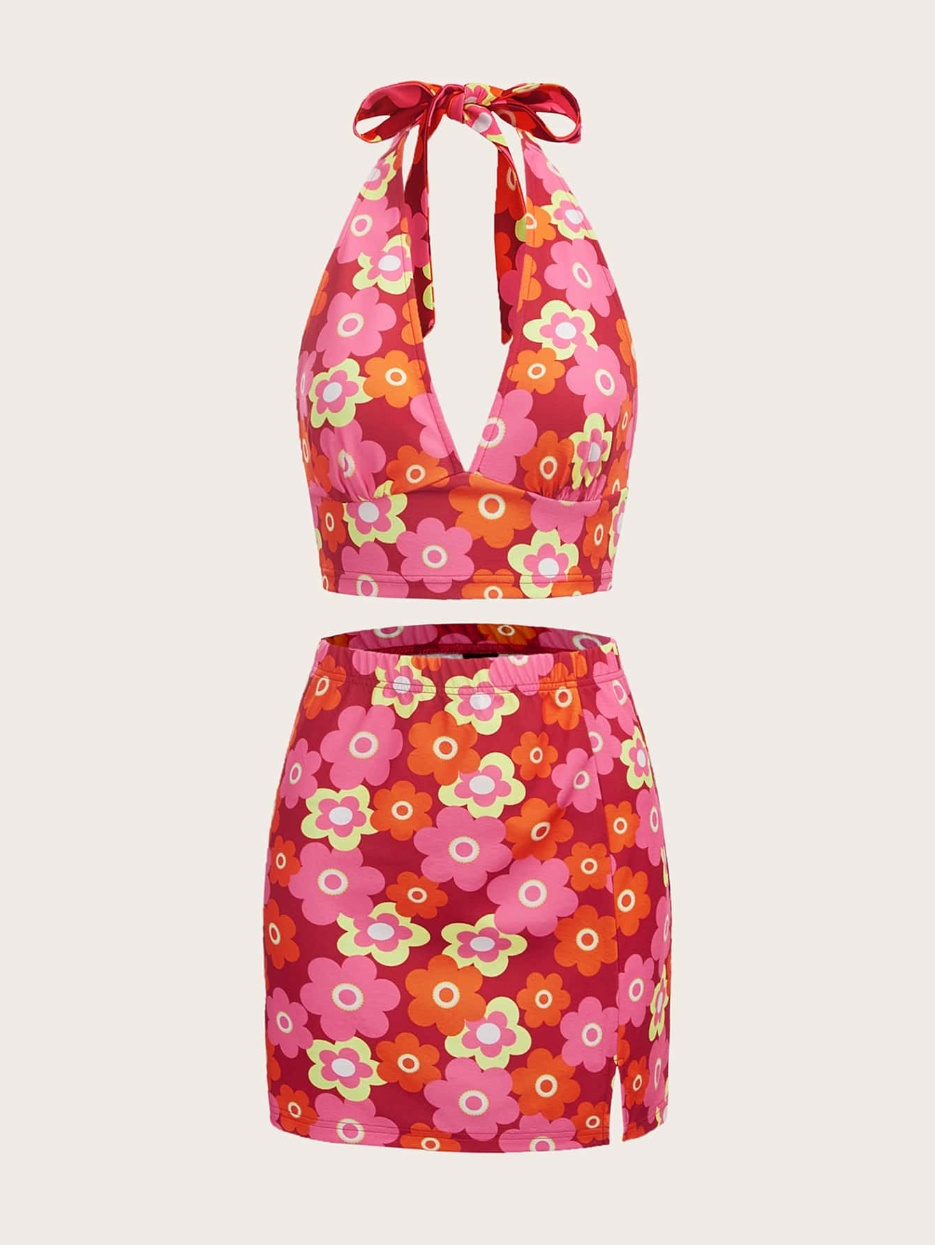 SHEIN 90s Allover Floral Print Backless Halter Top & Slit Skirt | SHEIN