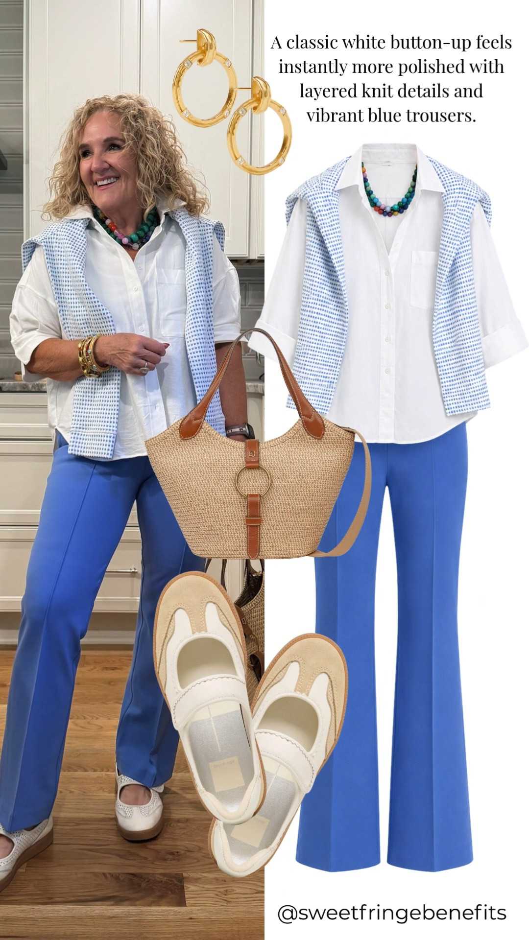 A crisp white button-up never goes out of style, and I love how these vibrant blue trousers give it a fresh, modern update. Layering a lightweight knit over the shoulders adds just the right amount of texture, while the woven tote and Mary Jane flats complete this polished look that's perfect for work, brunch, travel, or everyday wear.

💡 LTK MADE EASY
❤️ Heart = Support my posts!
🔖 Save = Get sale & restock alerts
📋 Lists = Keep favorites organized
📲 Share = Send lists and products to a friend. Hello, Christmas List!
💬 Comment = Ask me anything about sizing or fit. :-)

#LTKootd #LTKOver40 #LTKSaleAlert