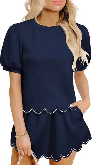 Urchics Two Piece Skirt Sets for Women Puff Sleeve Pearl Scallop Trim Skort Set 2026 Summer Match... | Amazon (US)