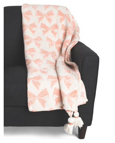 Cotton Blend Chenille Jacquard Bows Cozy Throw | TJ Maxx