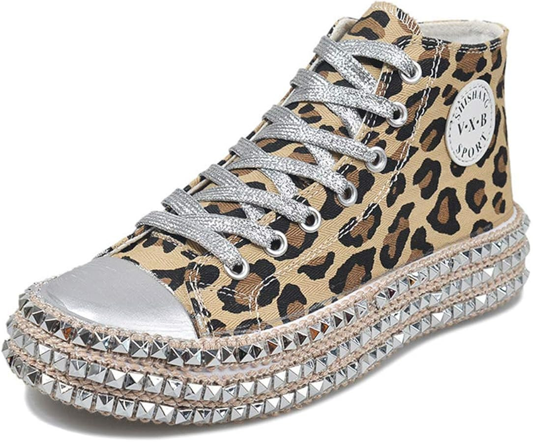 JITUUE Women’s Sexy Leopard Printing High Top Canvas Sneaker Rhinestone Shiny Lace-up Flat Sho... | Amazon (US)