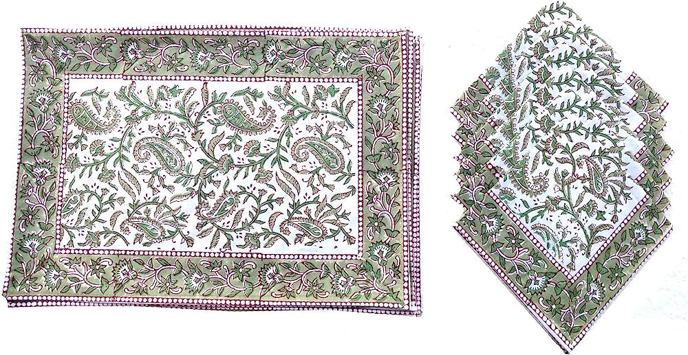Rastogi Handicrafts Hand Block 100% Cotton Indian Style Theme Dining Table Mats and Napkins Set o... | Amazon (US)