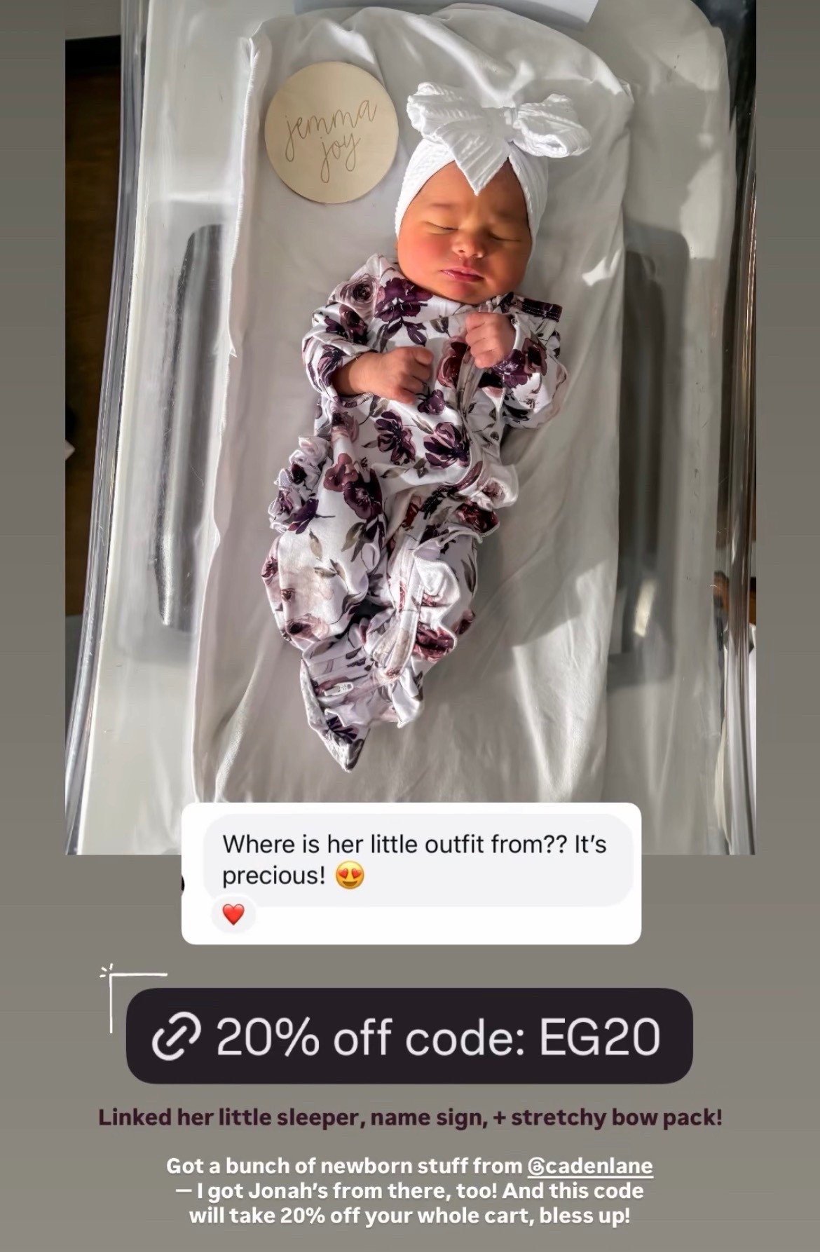 Got a bunch of sweet newborn clothes for baby girl from Caden Lane 🩷 use code EG20 for 20% off the sweet personalized name sign + her little sleeper 🩷

#LTKBump #LTKBaby #LTKKids