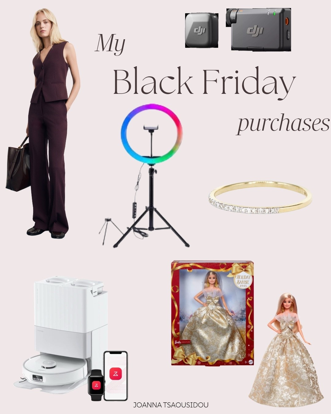 What I bought on the Black Friday sales!

Starting with what I needed! A DJI microphone and a ring light to  upgrade my videos 😏 And speaking of upgrade it was time to get a new robot vaccum. We were happy with our old Roborock so we got a new model from the brand. 

On the want list is a pair of plum coloured trousers.

Last but not least are the extra special ones! I bought me my first diamonds to celebrate a major work success 🥹 I also bought the 2025 Holiday Barbie. Since 2013 that I graduated from university I collect the holiday barbies of the years I had something special to remember (graduation, move to the Netherlands etc). This year apart from the big work success, I’m celebrating my first time at Paris fashion week!

#LTKCyberWeek #LTKsale #LTKgiftguide
