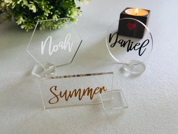 Personalized Clear Acrylic Place Card Holders Stand Geometric Wedding Freestanding Laser Cut Gues... | Etsy (US)