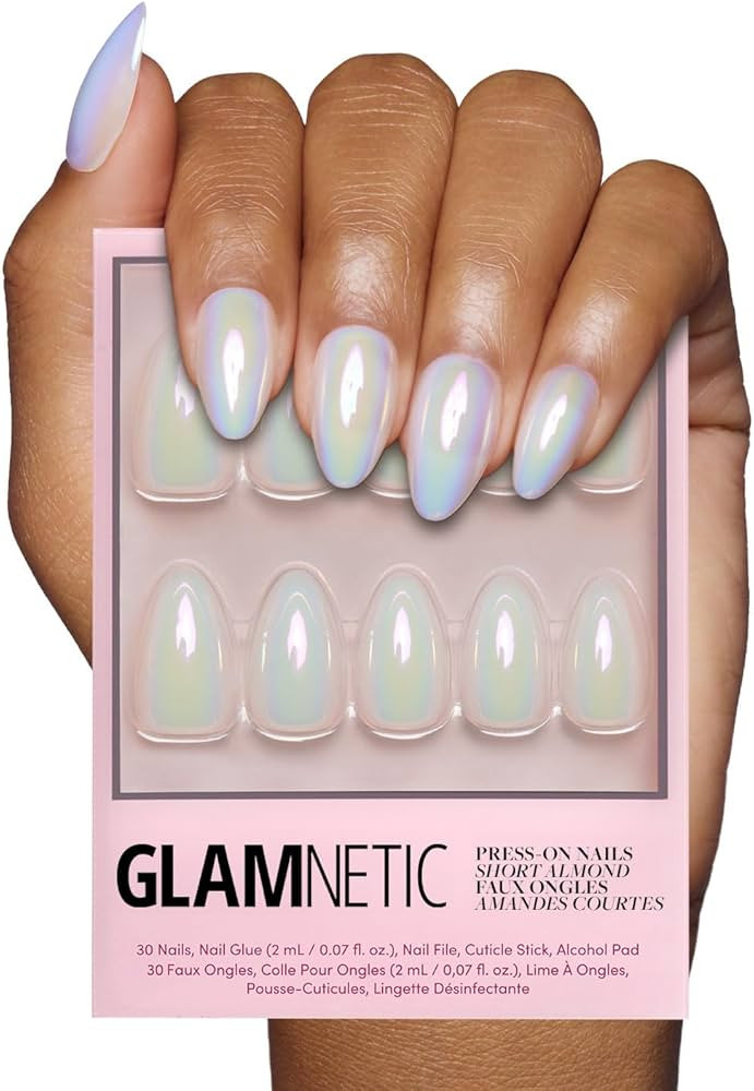 Glamnetic Press On Nails - Entranced | Short Almond White Holographic Fake Nails, Semi-Transparen... | Amazon (US)