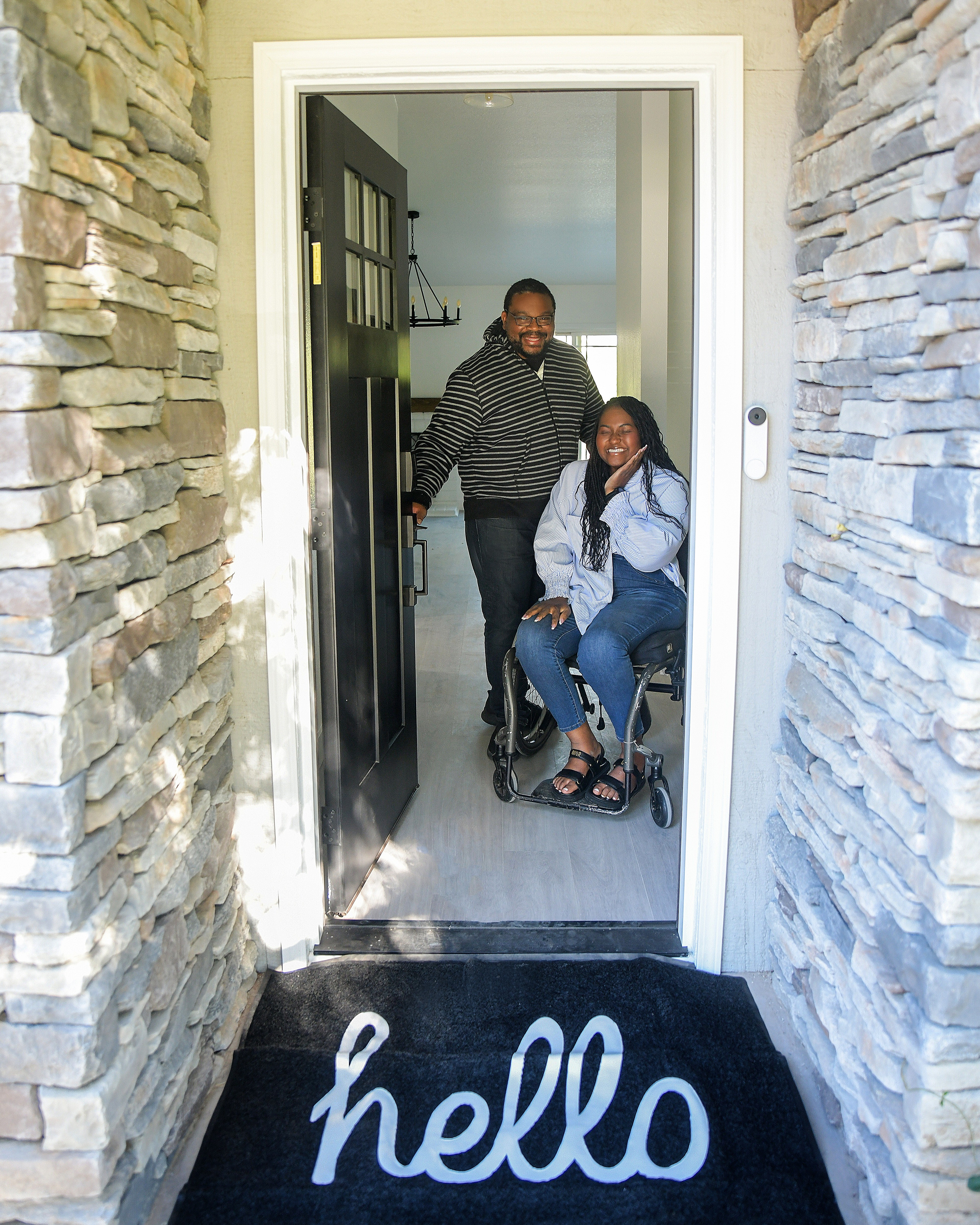 HELLO, new beginnings. New house content begins now. First up is this welcome mat. Front door mat. HELLO black and white Mat. Google nest doorbell, wheelchair threshold ramp 2 inches (under the mat), door knob, schlage keyless entry door. #LTKHome #HouseToHome

#LTKFamily #LTKHome