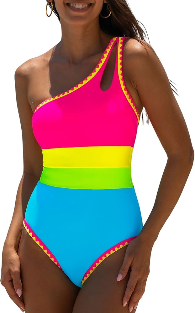 popvil Women's Sexy One Shoulder One Piece Bathing Suits Neon Color Block Swimsuits Slimming Mesh... | Amazon (US)