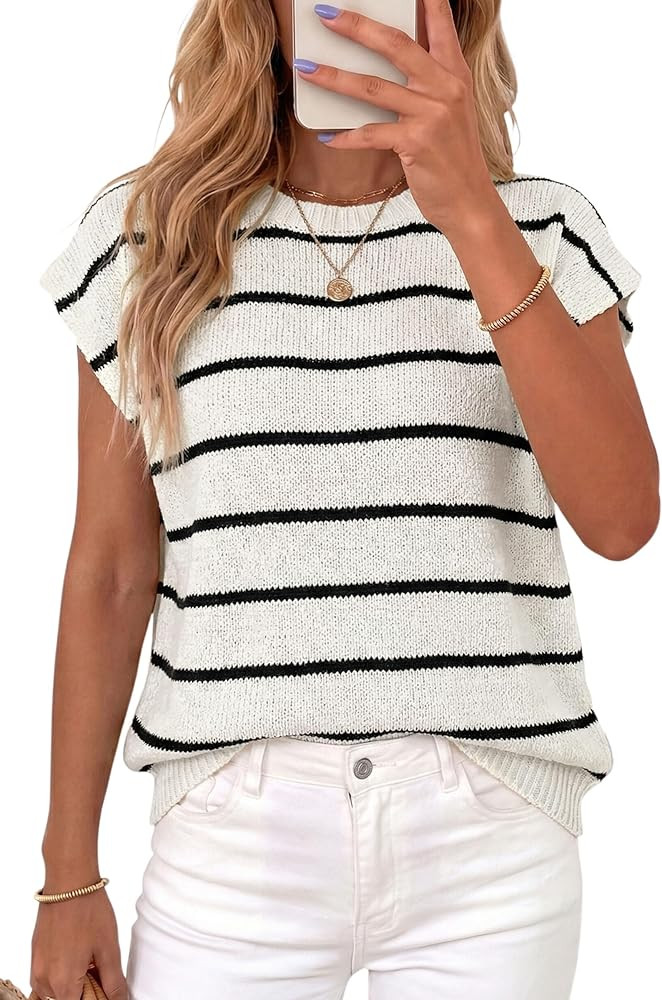 PRETTYGARDEN Womens Summer Short Sleeve Tops 2026 Trendy Crew Neck Striped Knit Sweater Business ... | Amazon (US)