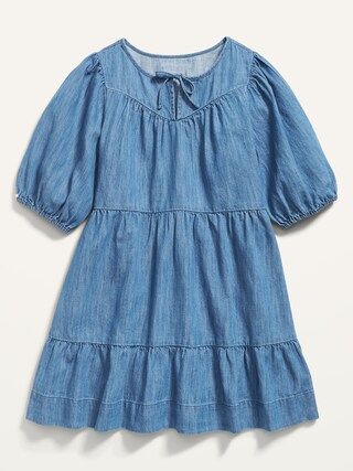 Puff-Sleeve Tie-Neck Tiered Chambray Swing Dress for Girls | Old Navy (US)