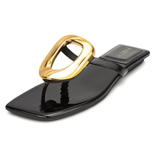 PARTY Square Toe Flip Flops Women,Fashion Designer Thong Sandals with Gold Buckle Trendy Summer Comfort Flat Sandals,BLACK PU-9.5 | Amazon (US)