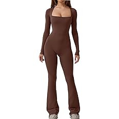QINSEN Jumpsuits for Women Square Neck Wide Leg Full Length Romper Playsuit | Amazon (US)