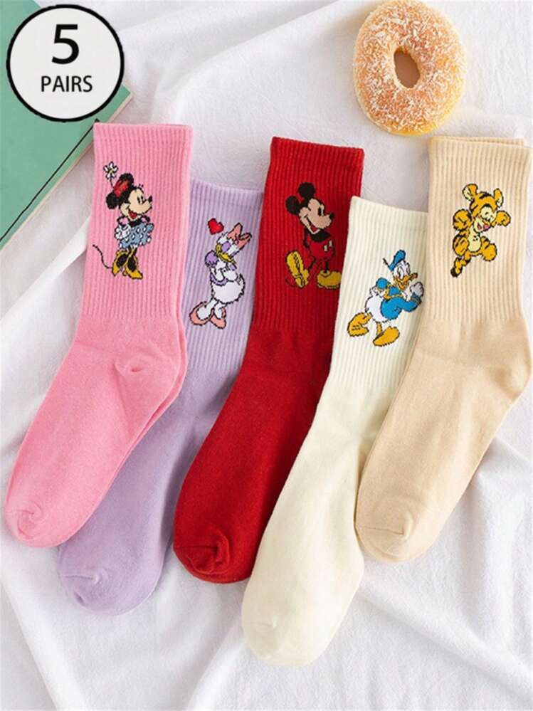 5 Pairs Of Rainbow Series Daisy Donald Duck Jumping Tiger Japanese Cartoon Cute, Personalized, Fashionable, Skin Friendly, Comfortable, Breathable, And Odor Proof Women's Socks | SHEIN