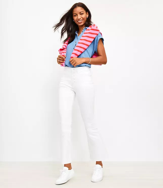 Frayed Button Front High Rise Kick Crop Jeans in White | LOFT