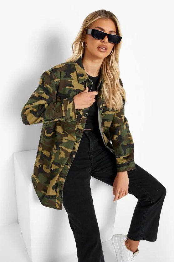 Khaki Camo Print Slim Fit Denim Shirt | Boohoo.com (US & CA)