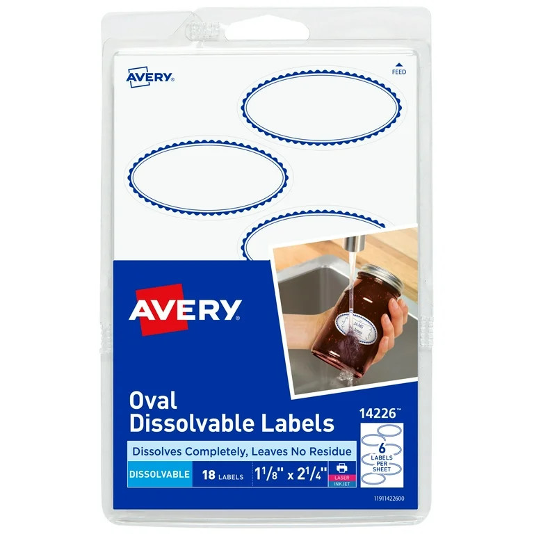Avery Dissolvable Labels, Oval, 1-1/8" x 2-1/4", Paper, White, Blue Border, Laser/Inkjet, 18 Labe... | Walmart (US)
