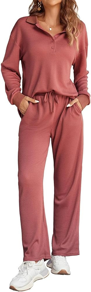 Ekouaer Waffle Knit Pajamas Set for Women 2 Piece Outfits Long Sleeve Button Top and Wide Leg Pan... | Amazon (US)