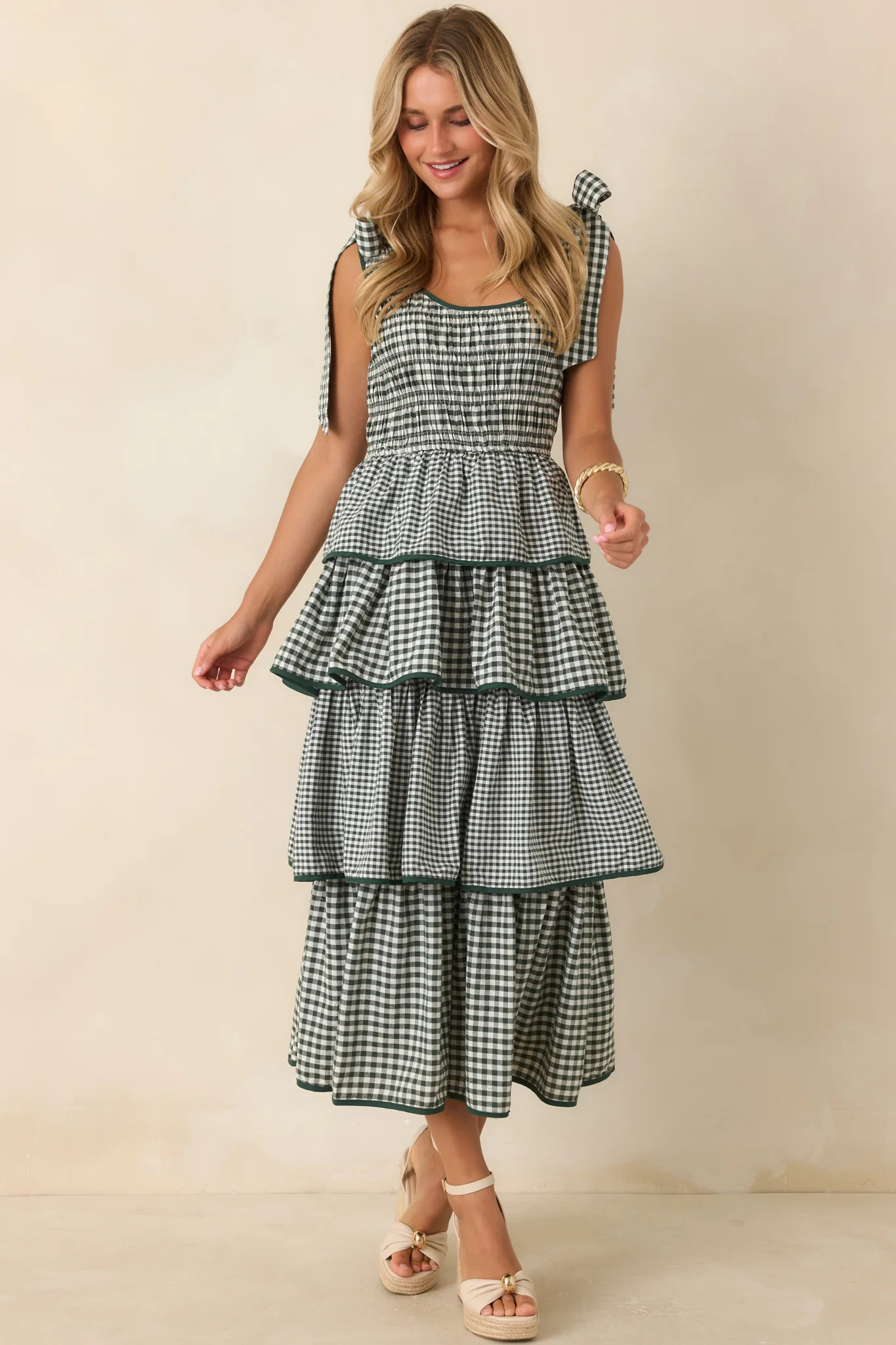 Garden Party Plans Hunter Green Gingham Tiered Midi Dress | Red Dress