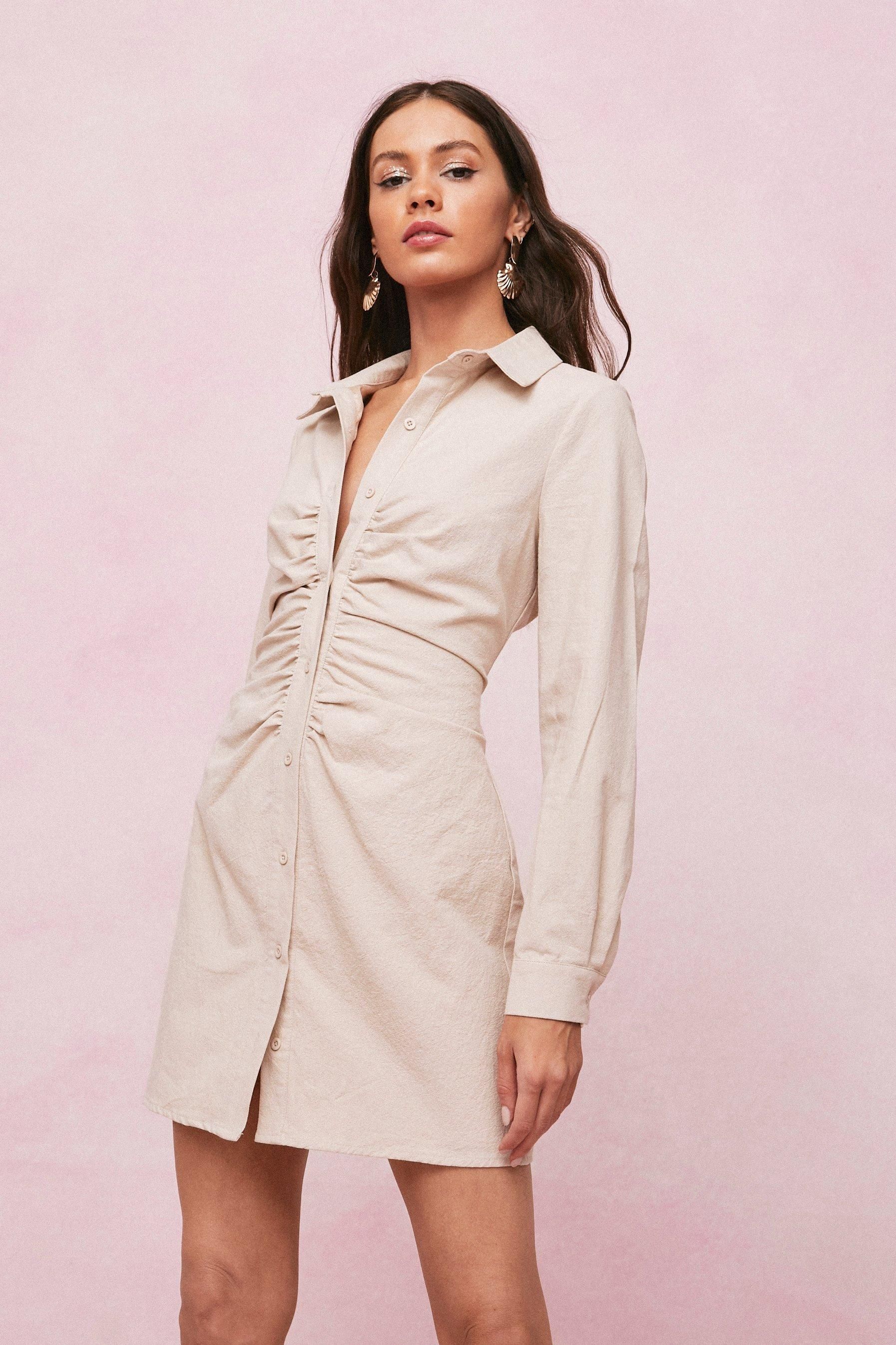 Linen Look Ruched Front Mini Shirt Dress | Nasty Gal Canada