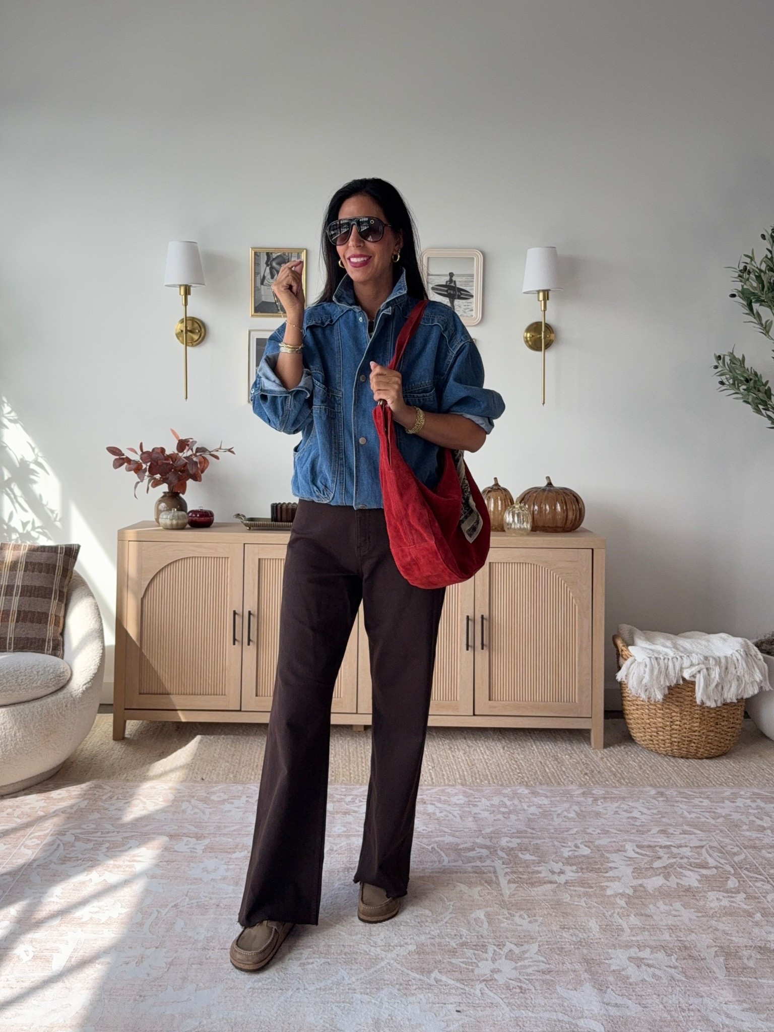 Make running errands cute and comfortable- and still chic 
With a light pair of wide leg pants, loafers or a comfy shoe, and a denim jacket. Add a pop of color with this suede bag that holds so much! 
Jacket- small 
Pants - size 27 (run a little big) 
Birkenstocks are tts 

#LTKSeasonal #LTKOver40 #LTKU #LTKFindsUnder100 #LTKTall #LTKSaleAlert