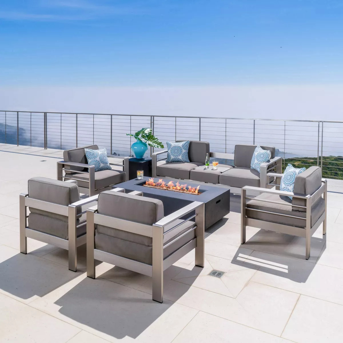 Cape Coral 7pc Aluminum and MGO Firepit Set Dark Gray/Khaki - Christopher Knight Home | Target