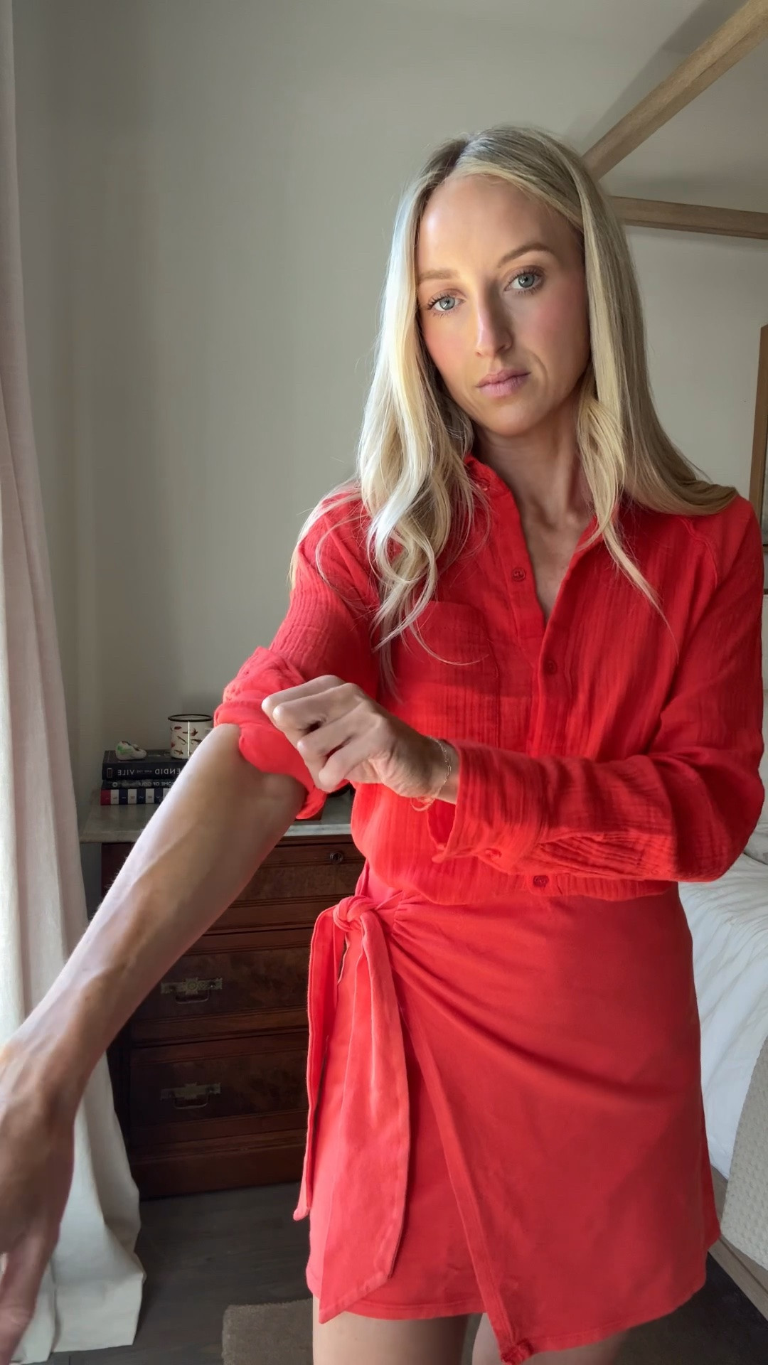 Love this orange/red color!

Button down gauze top - small
Wrap mini skirt - small

Vacation outfits / summer outfit / concert outfit