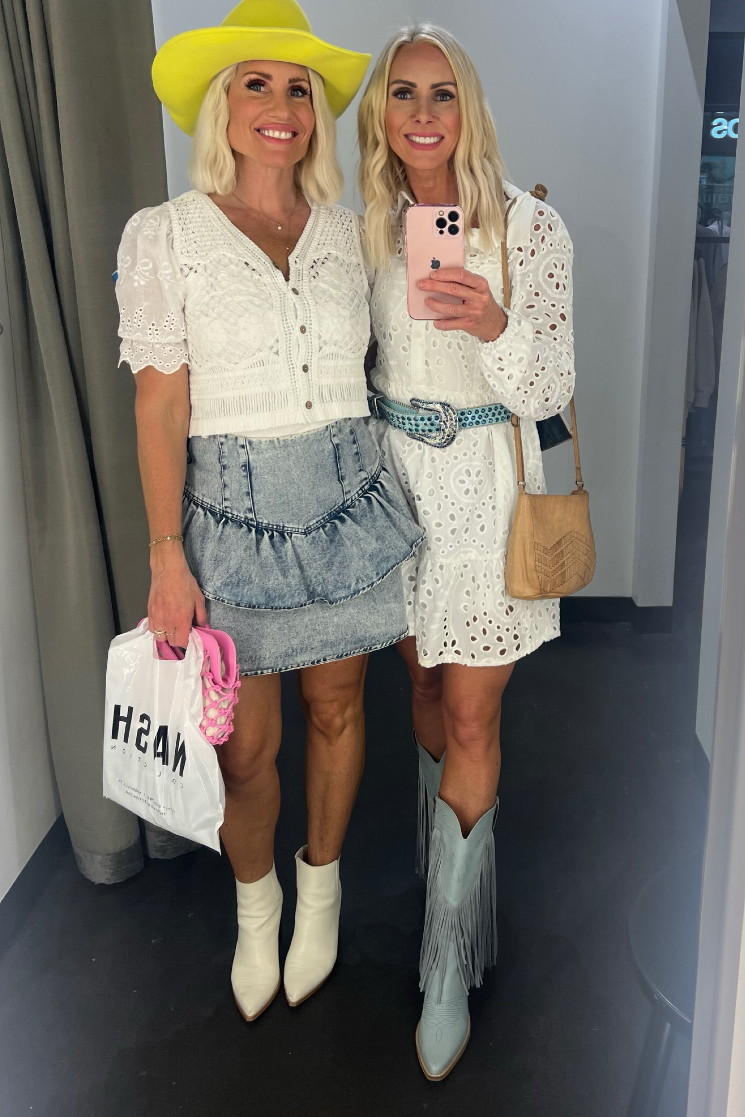 Nashville girls trip! Denim skirt, blue fringe boots, white dress and blue cowboy belt 

#nashvillefashion #nashvilleoutfit

#LTKunder50 #LTKtravel #LTKshoecrush