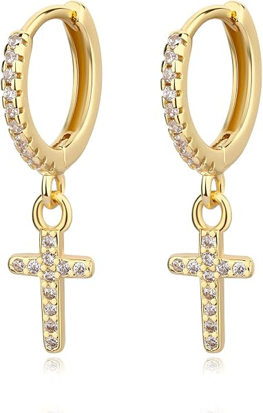 14K Gold Plated, Dainty Cubic Zirconia, Small Hoop Earrings with Charm Drop, Jewelry Gift for Wom... | Amazon (US)