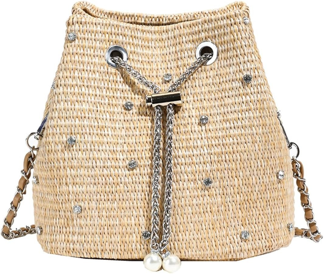 Pearl Straw Bucket Purse for Women Summer Vacation Crossbody Purses Beach Bag Beaded Rhinestone H... | Amazon (US)