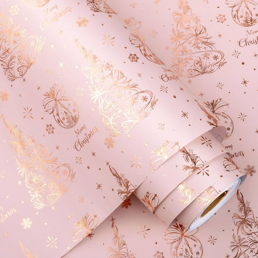 Burymento Christmas Wrapping Paper, Pink 3D Embossed Rose Gold Christmas Tree Design Gift Wrappin... | Amazon (US)
