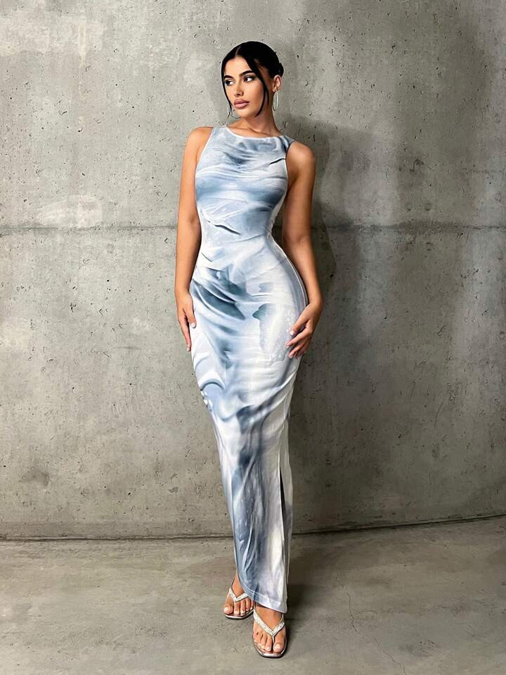 SHEIN ICON Tie Dye Print Bodycon Long Dress | SHEIN