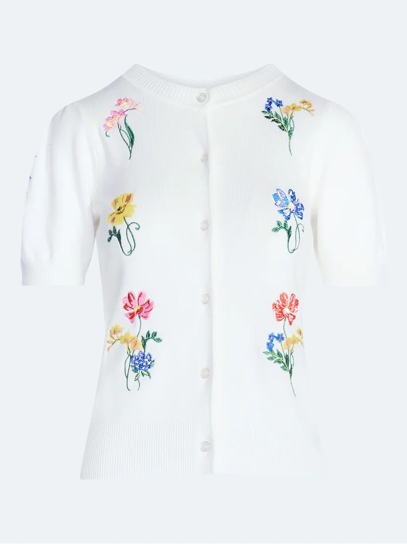 Free Assembly Women's and Women's Plus Embroidered Cardigan Sweater with Puff Sleeves, Lightweigh... | Walmart (US)