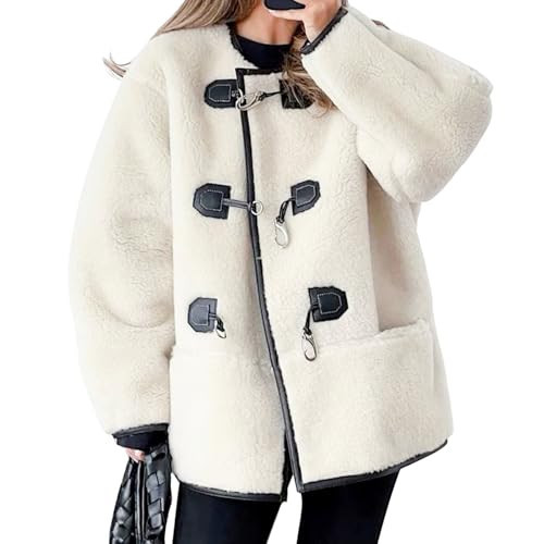 HOULENGS Women's Long Sleeve Sherpa Fleece Jackets Button Down Faux Fuzzy Coat Winter Warm Outwear with Pockets Beige Medium | Amazon (US)