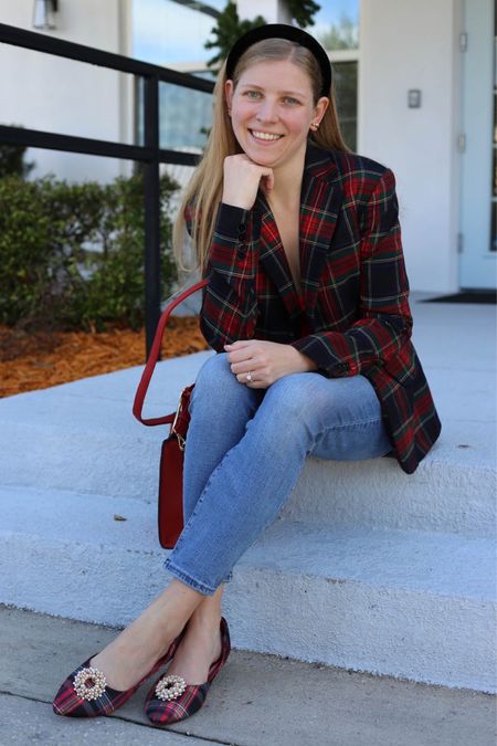 How to wear a holiday blazer in tartan. Christmas outfit idea with jeans and plaid flats  

#LTKSeasonal #LTKHoliday