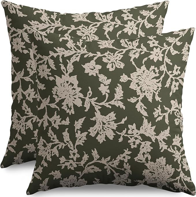 sorfbliss Vintage Floral Block Print Pillow Covers 18x18 Set of 2 Olive Green Brown Cream Flower ... | Amazon (US)