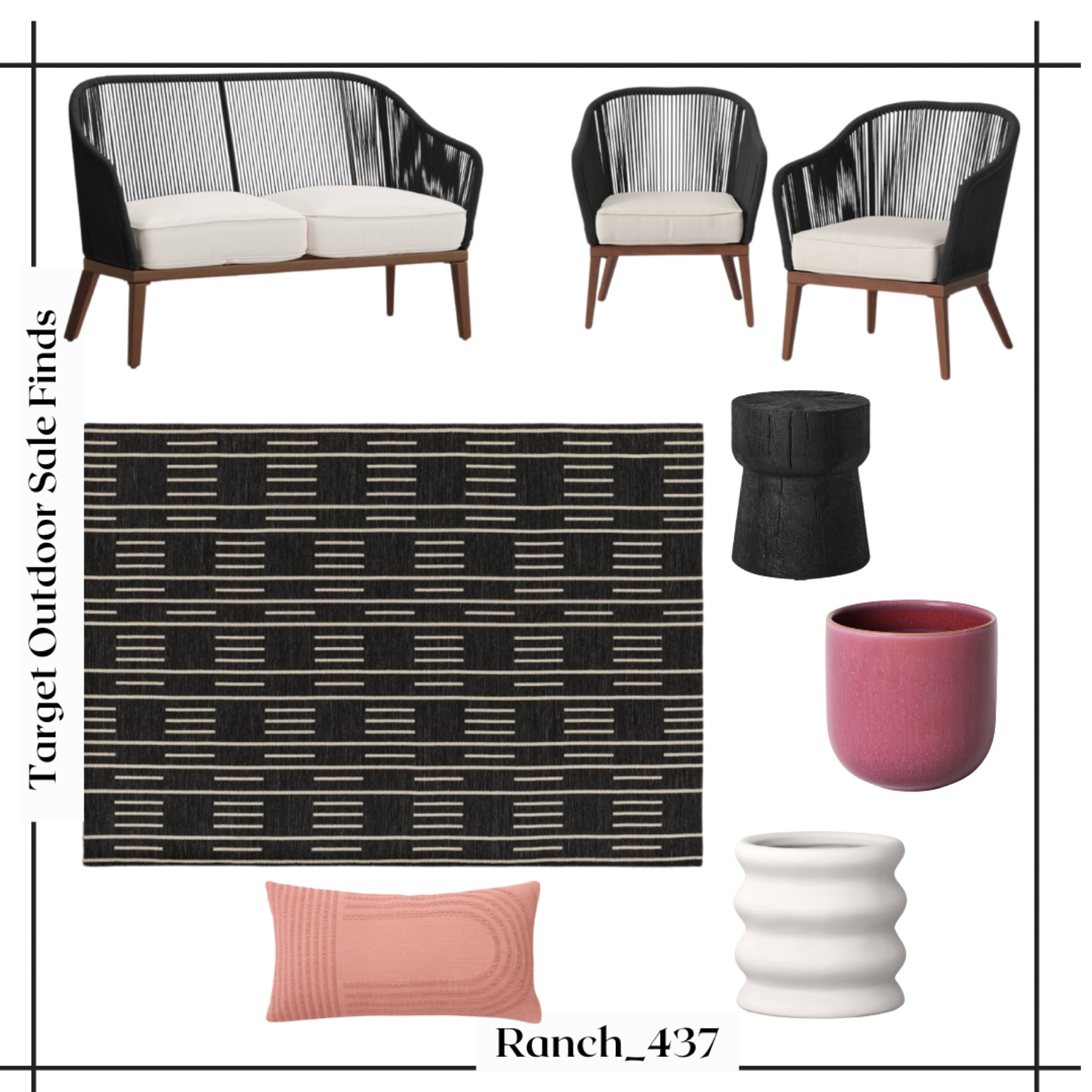 Target Outdoor Sale Finds

Outside, chair, couch, vase, pink, black and white, accent table, decorative pillow, pots, outdoor area rug 

#LTKFind #LTKhome #LTKsalealert