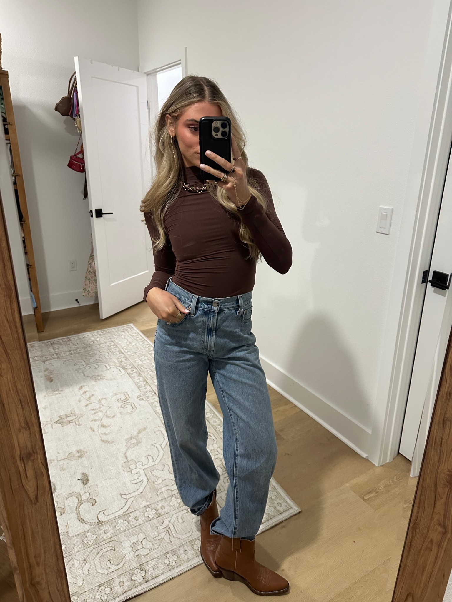 Aritzia Farrah high rise denim jeans paired with my Amazon size XS Inlyric long sleeve bodycon mock neck tee. Such an easy and comfy outfit. Friday night out. My boost are Besita boots  

#LTKootd #LTKHoliday #LTKFindsUnder100