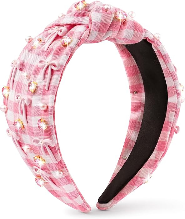 Y1tvei Bow Checked Knotted Headband - Coquette Pink Bow Checked Crystal Rhinestone Pearl Embellis... | Amazon (US)