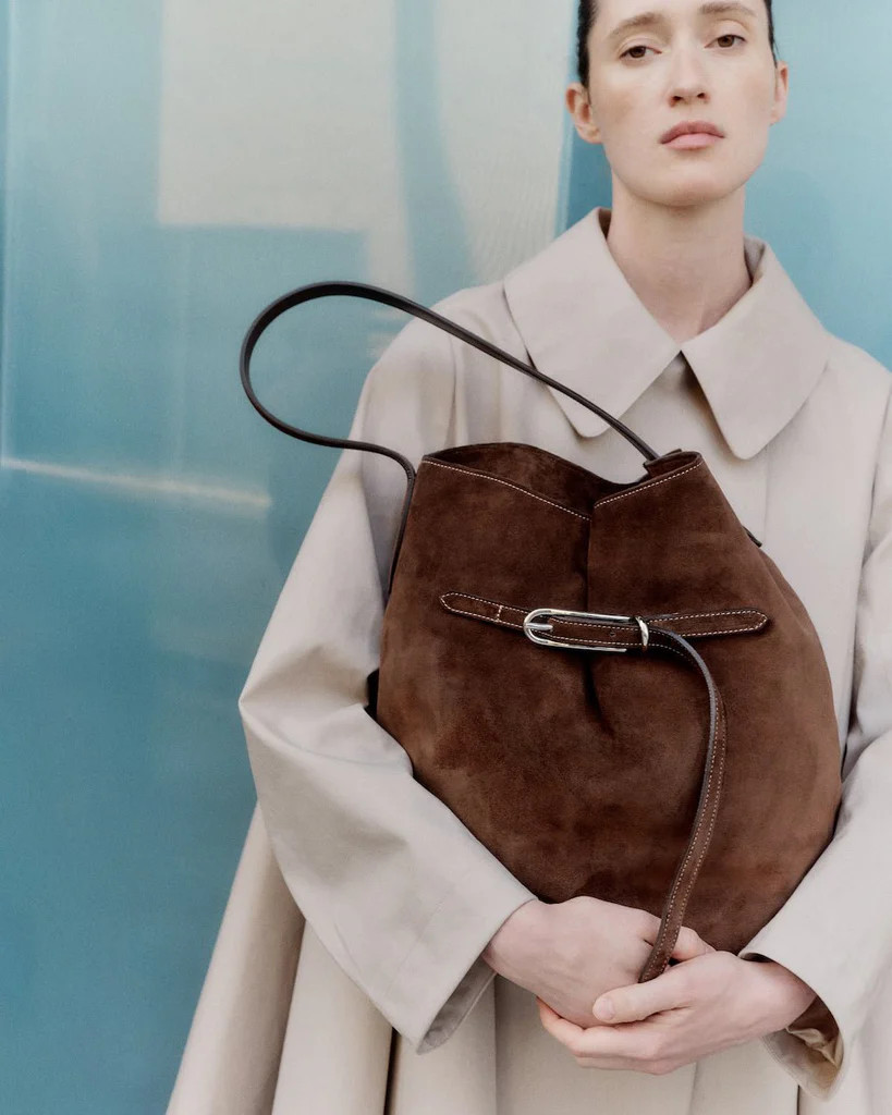 Belted Bucket Bag Large Dark Brown Suede | LITTLE LIFFNER