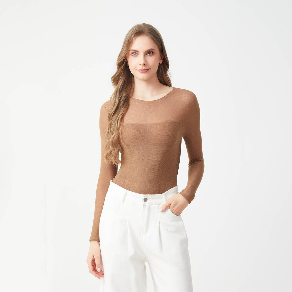 Women's Long Sleeve Semi Sheer Seamless Sweater - A New Day™ Tan M | Target