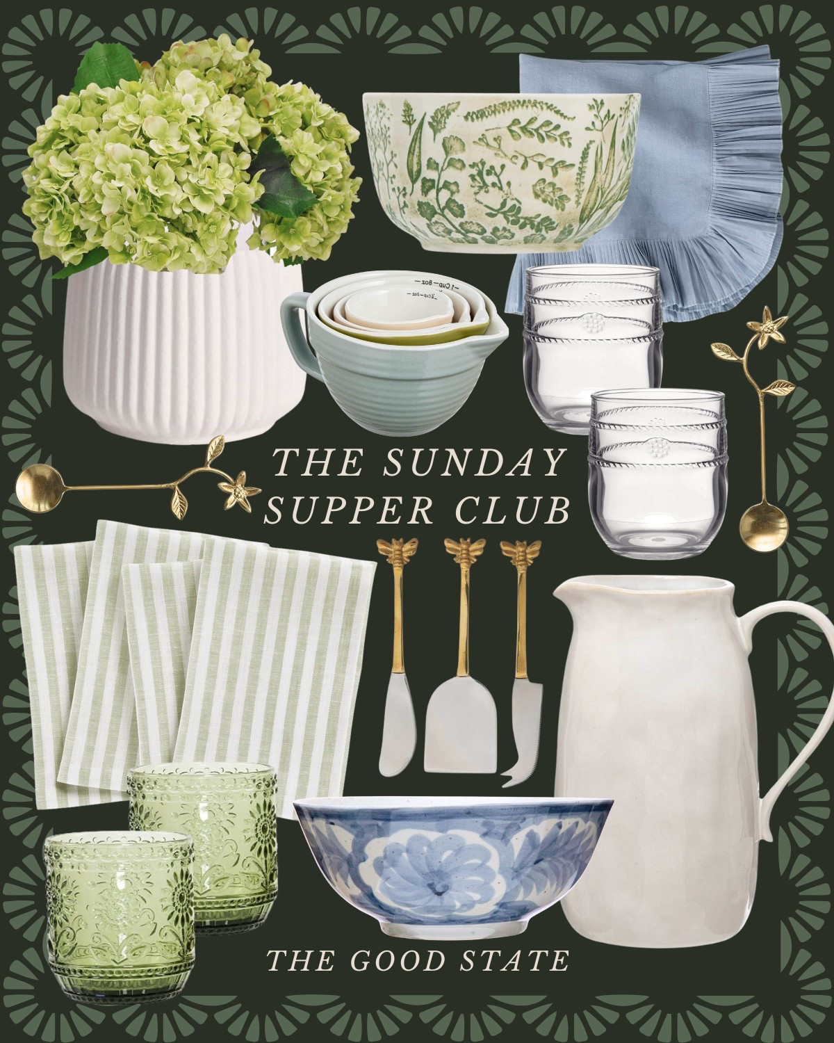 The Sunday Supper Club👒 To the ladies who find beauty in the fragrance of fresh basil, the crunch of homemade bread and the vibrant colors of ingredients spread across the counter. To the ones who romanticize every chop on the cutting board and every dance of the sunlight through their kitchen window. For those who come alive the longer they linger around a candle-lit table with loved ones. For the ladies who are looking for a reason to set a pretty table filled with flowers and for those who are looking forward to *finallllly* wear their new Spring dress. This collection is for you🤍

The good state, Lauren England, dinner party, hosting, under $50, Anthro, Anthropologie, dolce vita, spring fashion, spring ootd, maxi dress, Abercrombie and Fitch, wedding guest dress, empire waist dress, white dress. J crew, j crew factory, pretty, spring fashion, vacation outfit, ootd, sandals, tuckernuck, Easter outfit, kitchen, entertaining, home decor, Amazon home, Amazon finds, stripe dress, masters outfit, green dress, blue dress, McGee and co, shea McGee, quince, Martha Stewart, 

#LTKStyleTip #LTKHome #LTKSaleAlert