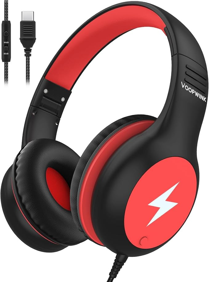 Kids Headphones Wired with Microphone, USB-C, Over Ear, Black-Red, KH3-R | Amazon (US)