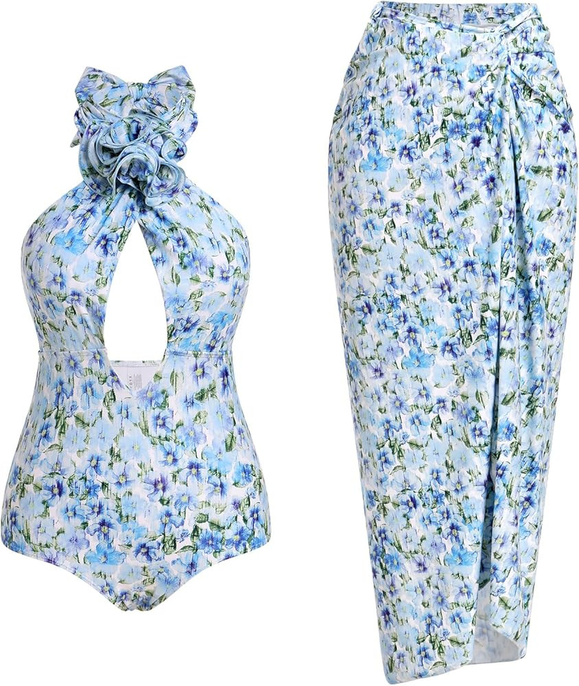 IDOPIP Women's One Piece Swimsuit with Beach Cover up Wrap Skirt Sarong Retro Floral Print Bikini... | Amazon (US)