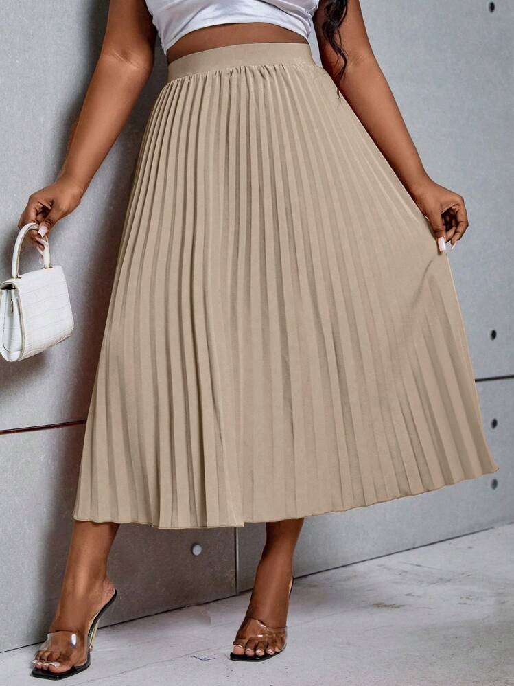 Celure Plus Size Plain Casual Daily Wear Pleated Skirt | SHEIN